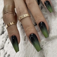 (With Box) Black Green Gradient Fake Nails Long False Nails 24 Pcs/box R931