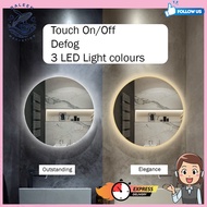 Round LED mirror with touch on off anti fog defog wall hang 80x80cm  bathroom makeup warm neutral 3 led colour cermin bilik mandi hiasan rumah