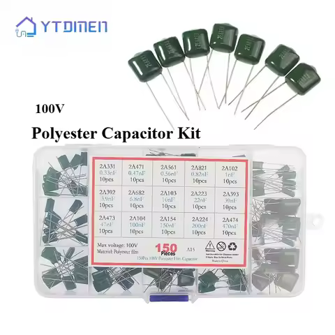 150/180/620PCS Polyester Capacitor Kit 100V 0.33NF-470NF 1nF 1.5nF 2.2nF 100nF 2A102J 2A333J 2A222J 