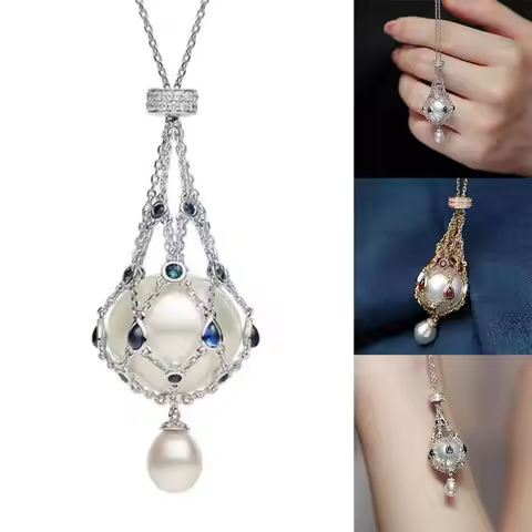 Fashion Metal Pearl Gemstone Lavalier Pendant Interchangeable Adjustable Braided Mesh Necklac Jewelr