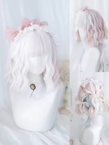 12Inch White Pink Double Color Synthetic Wigs With Bang Short Natural Wavy Hair Wig For Women Cospla
