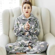 【法蘭絨】冬季睡衣女士加厚法蘭絨套裝保暖寬鬆大碼家居服兩件套
