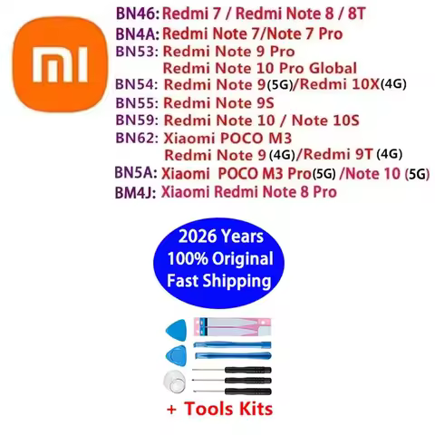 For Xiaomi Redmi Note POCO M3 7 8 8T 9 9T 9S 10 10S 10X 4G 5G Pro Battery Batteries BN62 BN5A BN53 B