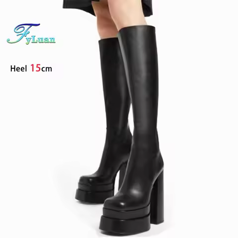 Size 35-46 Women Square Toe Knee-high Boots 15CM Back Zipper Black Chunky Platform Boots Europe and 