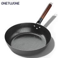 Onetwone 28cm Cast Iron frying pan iron wok  Handmade Pan with wooden handle ooking Pots Kitchen gas induction Cookware Chef Pan