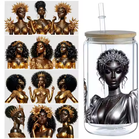 5 Sheets Black Queen UV DTF Glass Cup Wrap Transfer Stickers, Waterproof Wipe Off Transfer Stickers 