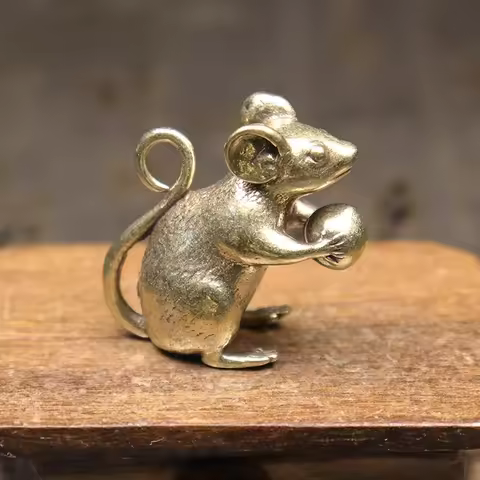 Copper Cute Mouse Peach Miniatures Figurines Tea Pet Table Ornament Crafts Brass Animal Rat Statue H