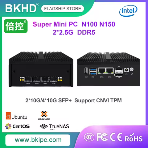 BKHD H10 Soft Router Mini Industrial Computer N100 N150 2*2.5G 2*10G/4*10G SFP+ 12V-24V Wide Voltage