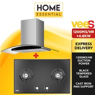 VEES 1200 m3/h DH-05A Cooker Hood + 4.6kW DGH-8250F Double Burner Tempered Glass Gas Hob