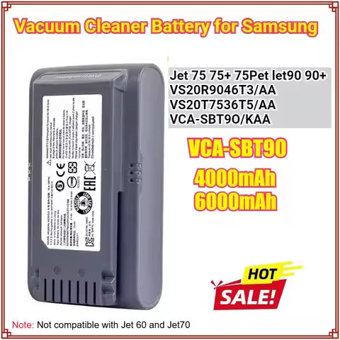 21.6V 4000/6000mAh Li-ion Battery for Samsung Vacuum Cleaner Jet 90/Jet 75 Pet/Jet 75 Cordless Stick
