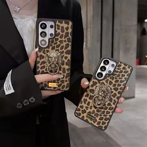 Luxury 3D Metal Lion Fashion Leather Phone Case for Samsung Galaxy S26 Ultra S23 S25 Plus S24 Cover 