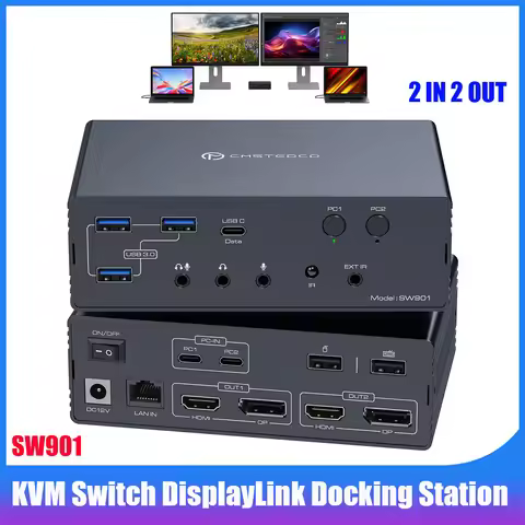 16-in-2 KVM Switch 2 Monitors 2 Computers Docking Station,4K@60Hz Thunderbolt DisplayLink KVM Switch