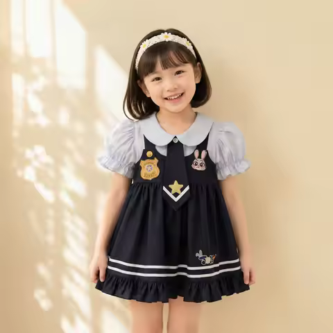 Cute Adorable Little Girls Blue Lolita Princess Dress Bunny Theme Cotton Summer Children's Party Wea