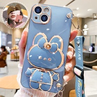 For Huawei Nova 3i Nova 4e Nova 5i Nova 5t Nova 6 SE Phone Case Cute Plated Rabbits Makeup Mirror Holder Luxury Plated Soft Back Cover+Lanyard