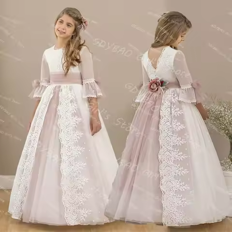 Customized Flower Girl Dress for Wedding 3/4 Sleeves Lace Princess Communion Dress With Sashes 2-14Y