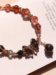 誤入仙棲。茶晶蝴蝶結 滿絲黑髮晶 樹化玉 14K包金 水晶礦石手鍊