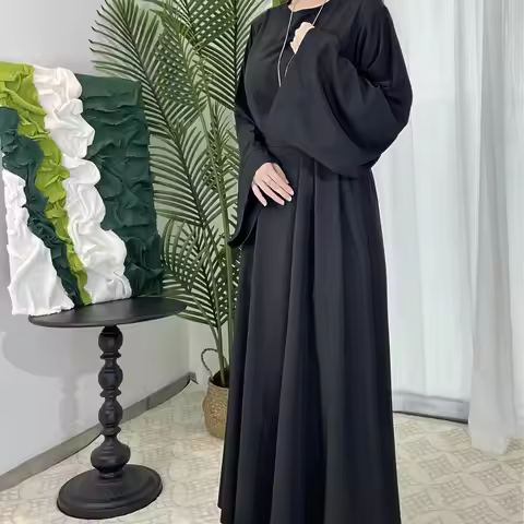 Traditional Muslim Women Abaya Wide Sleeve Casual Maxi Dress Lady Modest Kaftan Polyester Basic Jilb