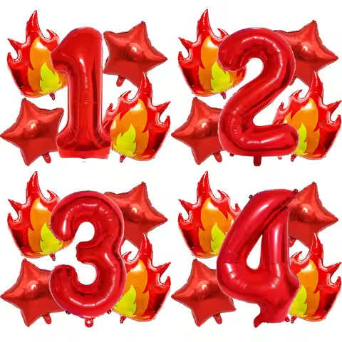 5pcs Red Fire Number Foil Balloons Set Fire Engine Fire Flame Balloons Kid Boy Fireman Theme Birthda