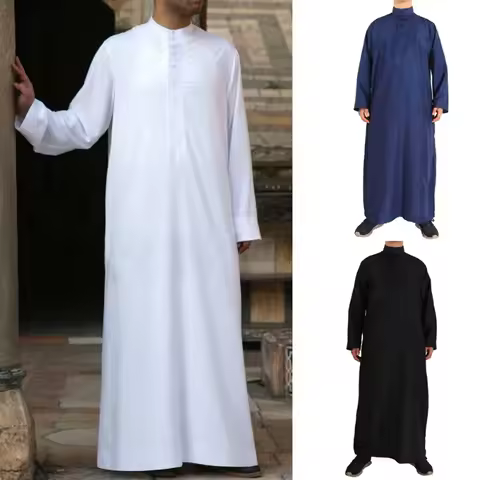 Men's Muslim Robe Islamic Ramadan Juba Kaftan Dishdash Arabian Robe Solid Color Long Sleeve Collar L