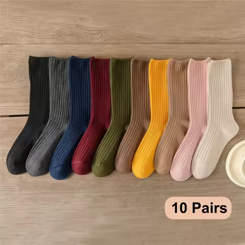10Pairs Retro Women Cotton Loose Socks Autumn Winter Knitting Solid Color Long Black Pink Student Gi