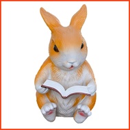 Bunny Figurine Hand-Painted Cute Resin Animal Sitting Bunny Reading Book Figurine for Bookshelf Fire