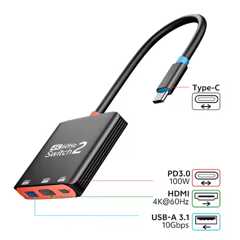 USB-C Hub for Nintendo Switch 2/OLED, Type-c to 4K60hz HDMI Adapter USB3.1 100W PD Docking Station f