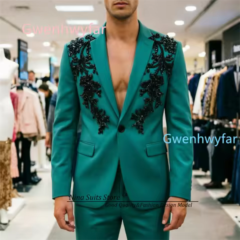 Gwenhwyfar 2026 New Designed Men Party Suits 2 Pieces set Bazer Jacket Peakcock Green Suits with Lux