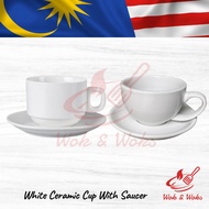 White Ceramic Coffee Cup With Saucer / Cawan Kopi Seramik Putih Dengan Piring
