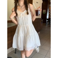 P Phome Women's Summer Small White Lace Sling Dress with Gentle Milk-Check Pattern and A-Line Puff S