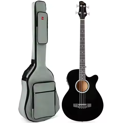 Acoustic Electric Bass Guitar, Full Size 4 String, Fretted Bass Guitar w/Padded Gig Bag - Black, Cus
