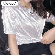 เสื้อยืดลำลองสตรี recool สีสะท้อนแสงพิมพ์เสื้อฮิปฮอปแขนสั้น