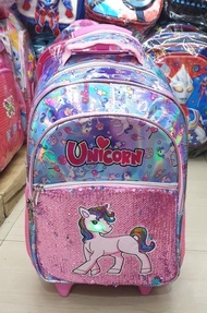 Onlan PROMO Tas LED Mata Lampu Trolley Sekolah SD Anak Cewe Sequin Usap Payet Manik Manik Berubah Warna UNICORN Happy Import - Pink Fanta