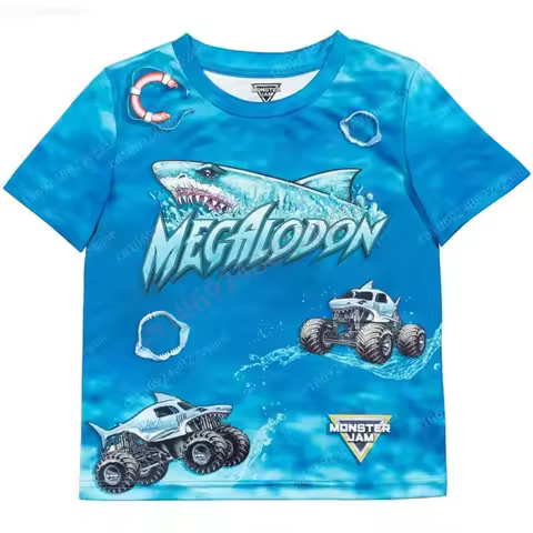 Monster Jam Grave Digger Kids T-Shirt Full Print Monster Truck Graphic Short Sleeve Tee Breathable C