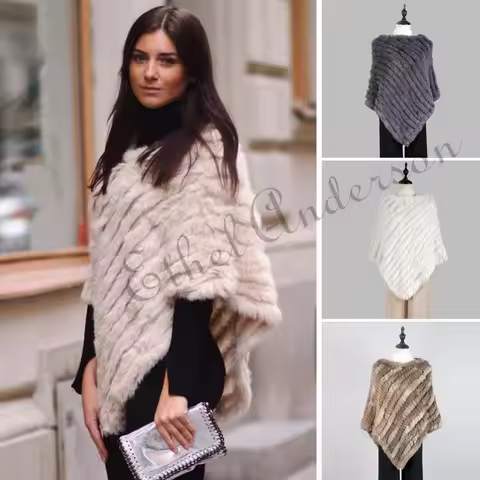 Fashion Fur Pullover For Women Knitted Genuine Rabbit Fur Poncho Capes Ladies Real Fur Knit Amic Wra