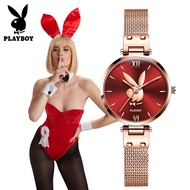 PLAYBOY นาฬิกาสำหรับสุภาพสตรีกันน้ำ30M ควอตซ์ลำลองนาฬิกาข้อมือผู้หญิงหัวกระต่ายสายสแตนเลสสีโรสโกลด์