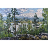 用松树绘画 山水画 Pine Tree Painting Island 油畫原作 Landscape Original Art Nature Artwork