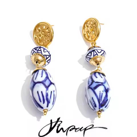Yhpup 2026 Stainless Steel Blue Ceramic Drop Earrings 2026 Popular Style France Summer Handmade Vint