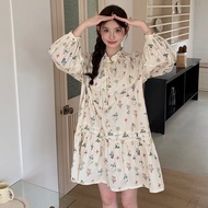 ลายดอก Midi เดรส ผู้หญิง หลวม Fit Long Sleeve Fresh Style ทรงเอ Silhouette Commuter Style Pure Desir