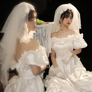 White Vintage 80s Hong Kong Style Court Wedding Dress Photography Studio Portrait Clothing French Li