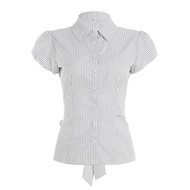 Lace-Up Waist Thin Summer Design Hot Girl Buttoned Lapel Shirt European American Short-Sleeved Strip