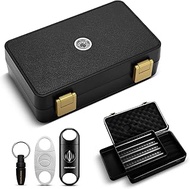 Cigar Travel Humidor with Humidifier and Hygrometer, Cigar Case with 3 Cigar Cutters, Holds up to 10