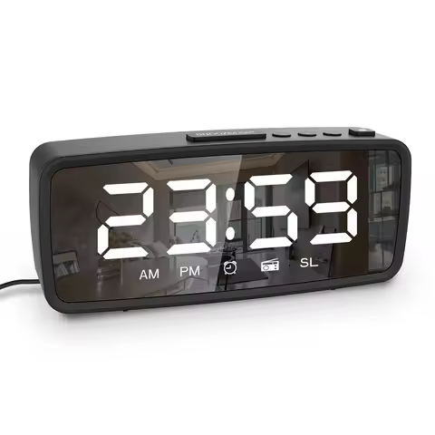 5.1'' Digital Alarm Clock Radio, Mirror Alarm Clock 3 Levels Dimmer FM Radio with Sleep Timer Adjust