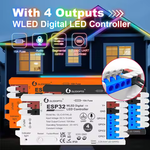 GLEDOPTO 4 Channel ESP32 WLED Controller 017WL 15A Fuse Level Shifter UART Download DIY Dynamic Ligh