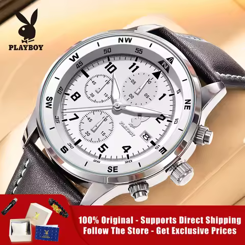 PLAYBOY 3303 Brand Original Authentic Watches for Man Luxury Leather Strap Chronograph Calendar Quar