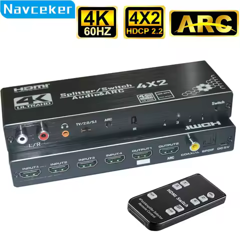 2025 4K HDMI Switch 4x2 with Remote Optical Toslink & Coaxial 4 In 2 Out HDMI Switch 4 Port Switch H