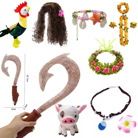 Gilrs Moana 1&2 Wig and Necklace Flower Clip Dress Up Set Carnival Vaiana Costume Accessories Moana 