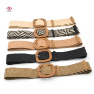 [HWETR] Summer Women Elastic Woven Belt Square Bule Vintage Boho Straw Belt Dress Belt