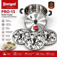 Diamond Pro-15 Stainless Steel Multi-Kadai Cookware with 15 Idly Pits and Whistle Lid for Cooking
