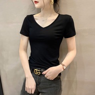 V-neck Modal Short-Sleeved T-Shirt Women 2024 Spring Slim-Fit Bottoming Shirt Solid Color Niche Blac