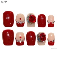 Nude&Red Short Square Stick on Nails Charming Comfortable to Wear Manicure Nails for Working Dating 